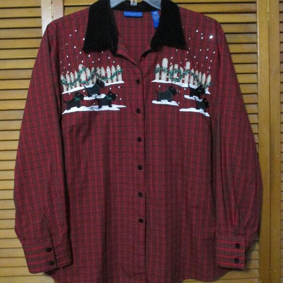 Karen Scott top Christmas plaid with dogs, velvet collar & buttons size 2x - Picture 1 of 12